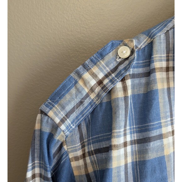 Brooks Brothers Size Large Linen Shirt Mens Blue Plaid Roll Tab Epaulets Irish - Picture 3 of 7